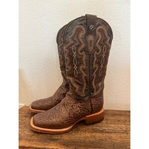 Tanner Mark Brown Floral Tooled Leather Cowboy Boots Square Toe Womens 6